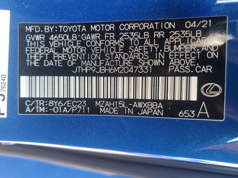 Aukcja sprzedaży 2021 Lexus Ux, vin: JTHP9JBH6M2047331, numer aukcji: 59593916