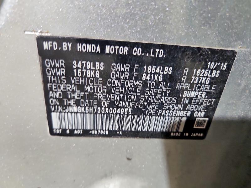 2016 Honda Fit მანქანა იყიდება აუქციონზე, vin: JHMGK5H73GX004955, აუქციონის ნომერი: 60677986