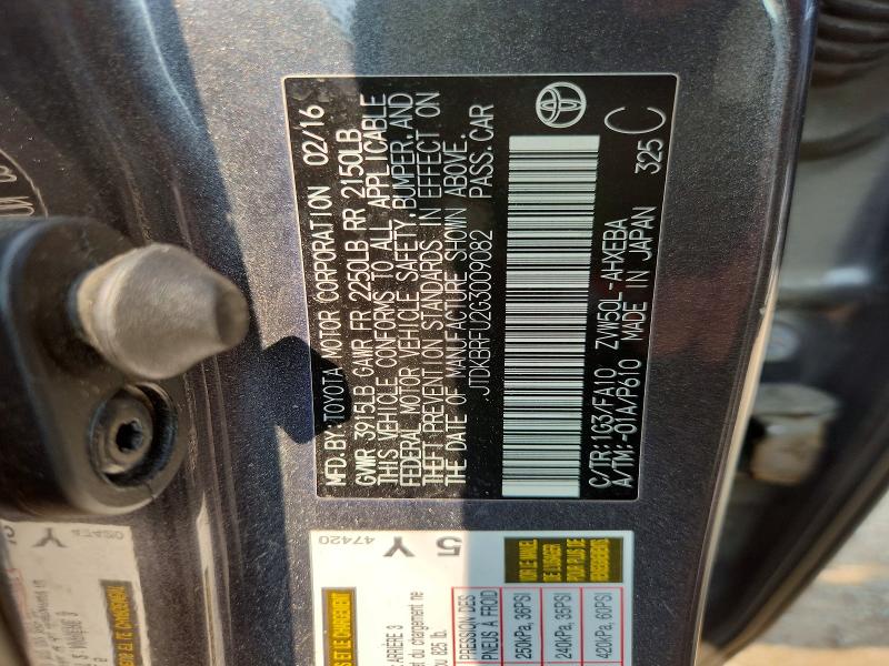 62827196 :رقم المزاد ، JTDKBRFU2G3009082 vin ، 2016 Toyota Prius مزاد بيع