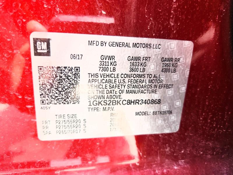 85631205 :رقم المزاد ، 1GKS2BKC8HR340868 vin ، 2017 Gmc Yukon مزاد بيع