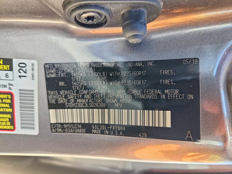 62784906 :رقم المزاد ، 5TDYZ3DC3LS028388 vin ، 2020 Toyota Sienna مزاد بيع