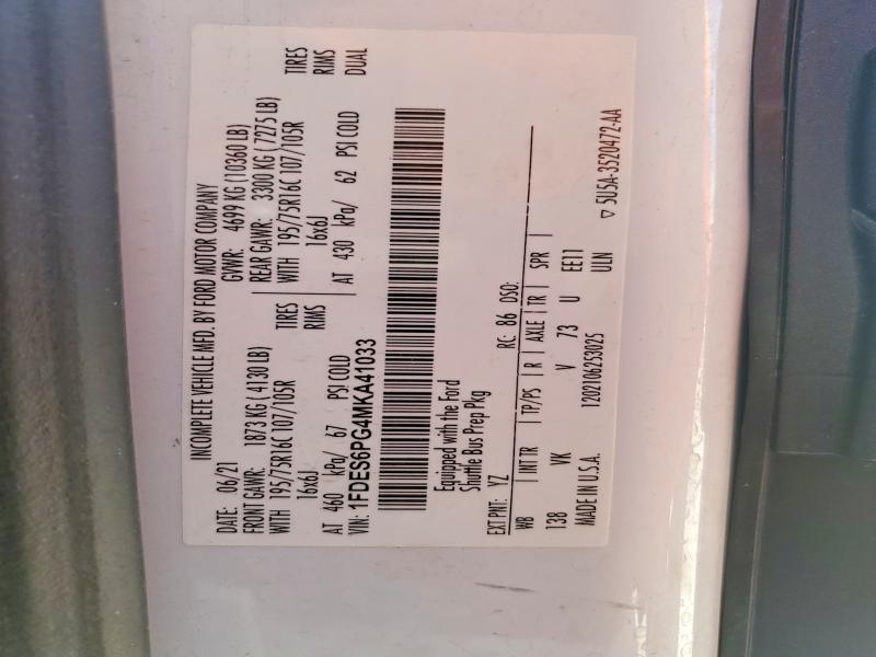 85970055 :رقم المزاد ، 1FDES6PG4MKA41033 vin ، 2021 Ford Transit مزاد بيع