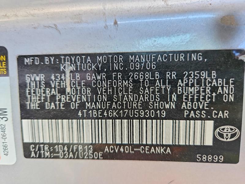 Auction sale of the 2007 Toyota Camry, vin: 4T1BE46K17U593019, lot number: 57721366