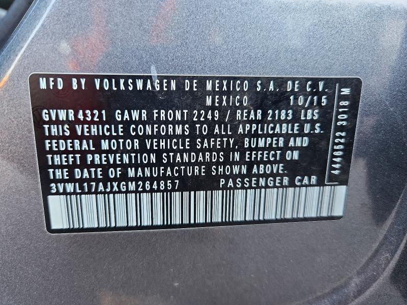 2016 Volkswagen Jetta მანქანა იყიდება აუქციონზე, vin: 3VWL17AJXGM264857, აუქციონის ნომერი: 60188756
