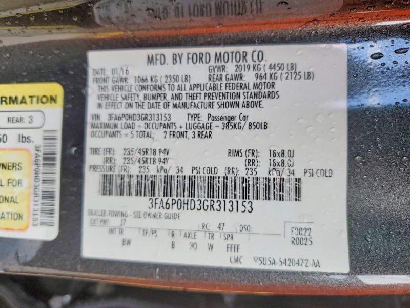 2016 Ford Fusion მანქანა იყიდება აუქციონზე, vin: 3FA6P0HD3GR313153, აუქციონის ნომერი: 59616696