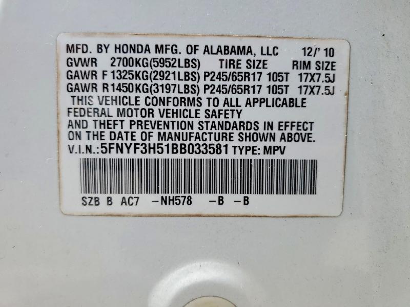 2011 Honda Pilot მანქანა იყიდება აუქციონზე, vin: 5FNYF3H51BB033581, აუქციონის ნომერი: 60131696