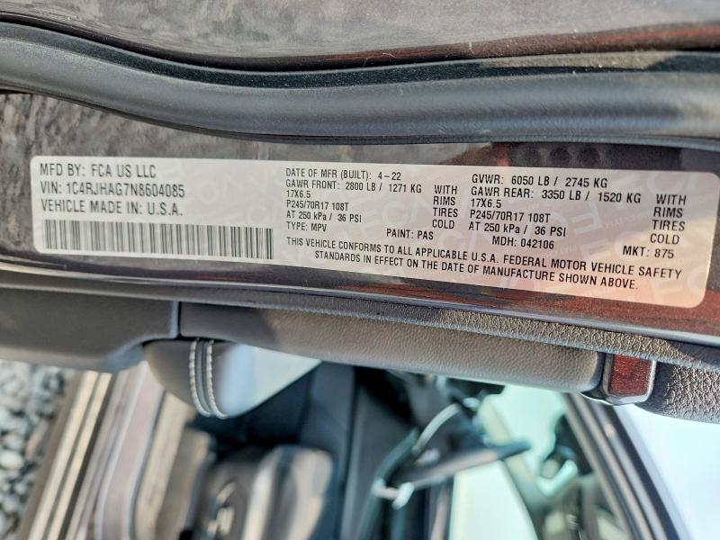 2022 Jeep Grand Cherokee მანქანა იყიდება აუქციონზე, vin: 1C4RJHAG7N8604085, აუქციონის ნომერი: 61143116