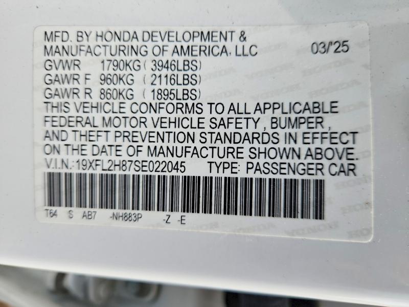 2025 Honda Civic მანქანა იყიდება აუქციონზე, vin: 19XFL2H87SE022045, აუქციონის ნომერი: 60161606