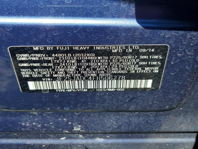 2015 Subaru Forester მანქანა იყიდება აუქციონზე, vin: JF2SJADC4FH506278, აუქციონის ნომერი: 60215796