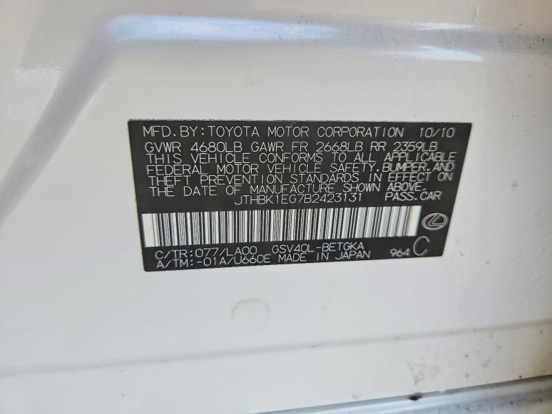 61761166 :رقم المزاد ، JTHBK1EG7B2423131 vin ، 2011 Lexus Es مزاد بيع