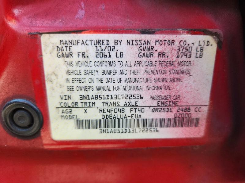60859066 :رقم المزاد ، 3N1AB51D13L722536 vin ، 2003 Nissan Sentra مزاد بيع