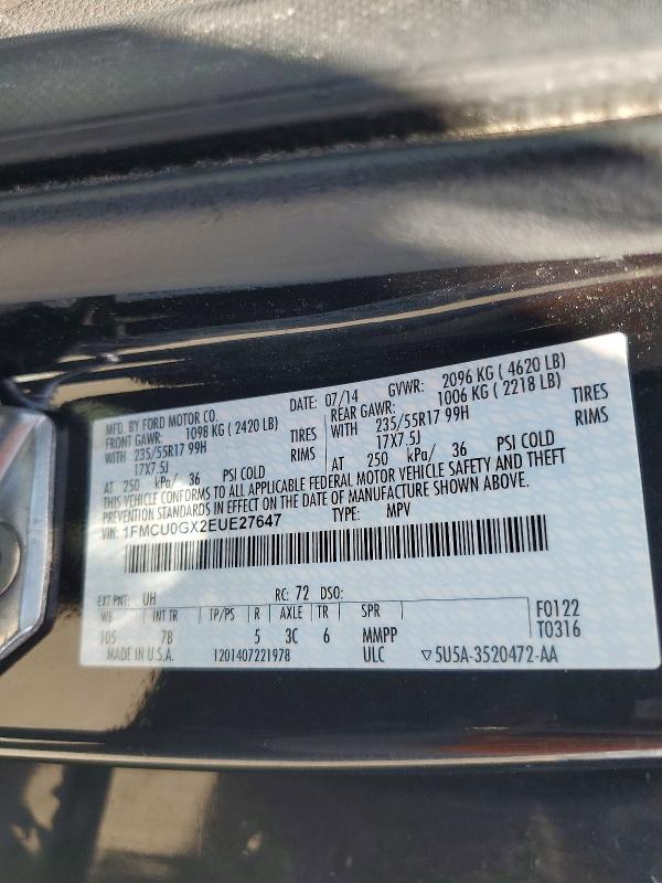 2014 Ford Escape მანქანა იყიდება აუქციონზე, vin: 1FMCU0GX2EUE27647, აუქციონის ნომერი: 60489926
