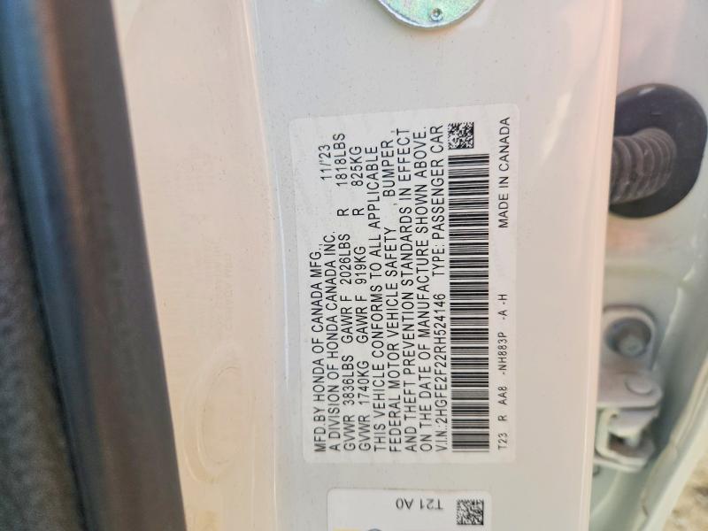 2024 Honda Civic მანქანა იყიდება აუქციონზე, vin: 2HGFE2F22RH524146, აუქციონის ნომერი: 61633226