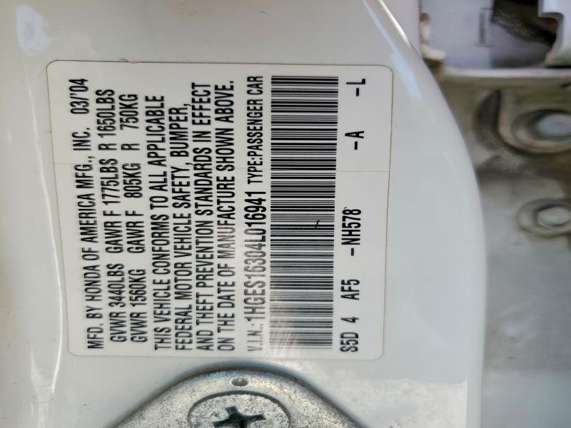 2004 Honda Civic მანქანა იყიდება აუქციონზე, vin: 1HGES16304L016941, აუქციონის ნომერი: 61088706