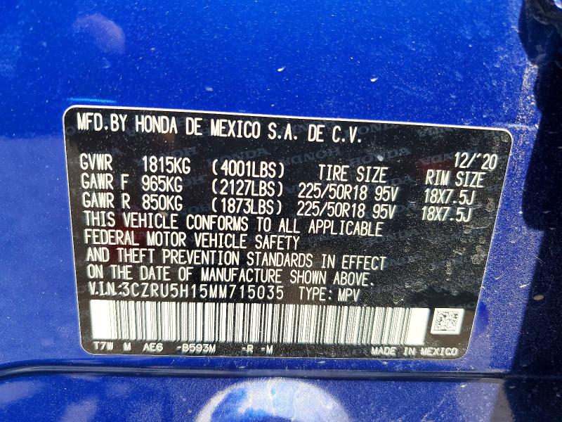 60811646 :رقم المزاد ، 3CZRU5H15MM715035 vin ، 2021 Honda Hr-v مزاد بيع
