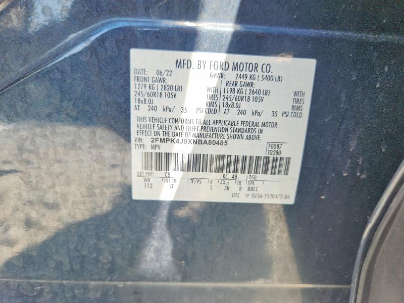 59989536 :رقم المزاد ، 2FMPK4J9XNBA80485 vin ، 2022 Ford Edge مزاد بيع