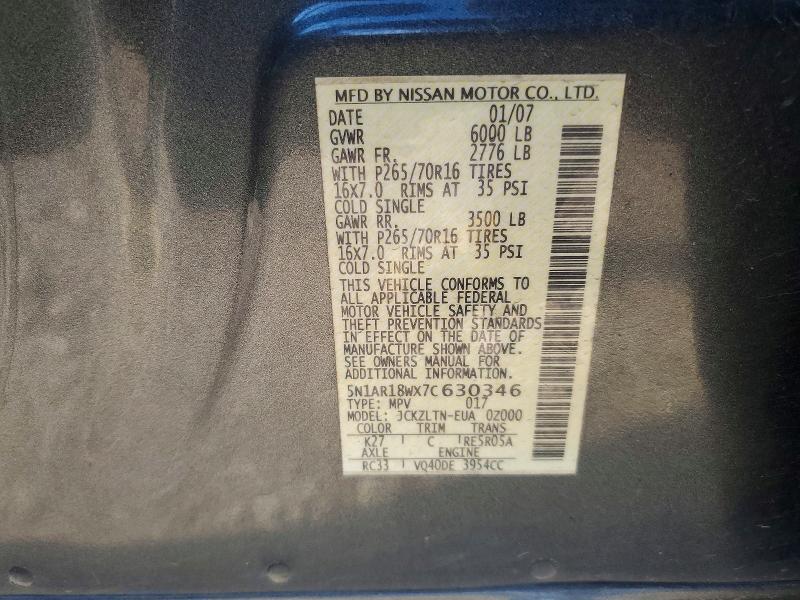 62961896 :رقم المزاد ، 5N1AR18WX7C630346 vin ، 2007 Nissan Pathfinder مزاد بيع