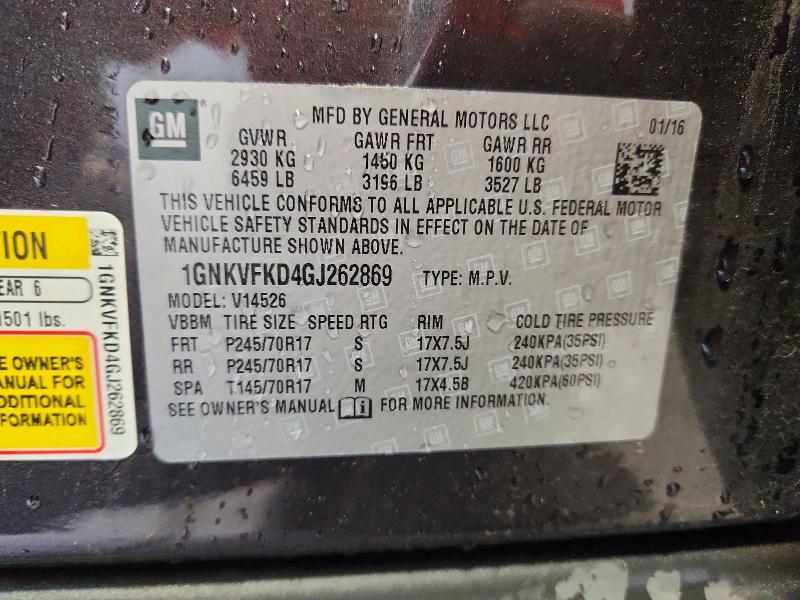 Продаж на аукціоні авто 2016 Chevrolet Traverse, vin: 1GNKVFKD4GJ262869, номер лоту: 63636206