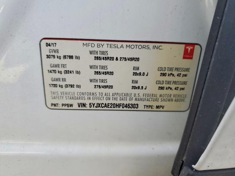 2017 Tesla Model X მანქანა იყიდება აუქციონზე, vin: 5YJXCAE20HF046303, აუქციონის ნომერი: 61893126