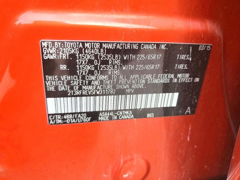 58197316 :رقم المزاد ، 2T3RFREV5FW311782 vin ، 2015 Toyota Rav4 مزاد بيع