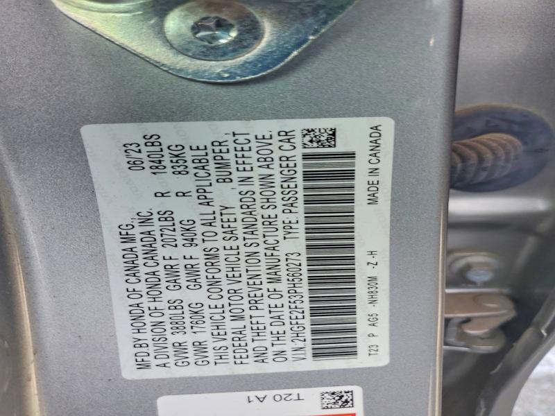 2023 Honda Civic მანქანა იყიდება აუქციონზე, vin: 2HGFE2F53PH560273, აუქციონის ნომერი: 59710186