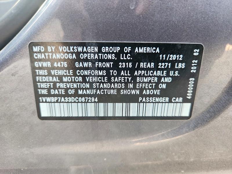 2013 Volkswagen Passat მანქანა იყიდება აუქციონზე, vin: 1VWBP7A33DC067294, აუქციონის ნომერი: 61749826