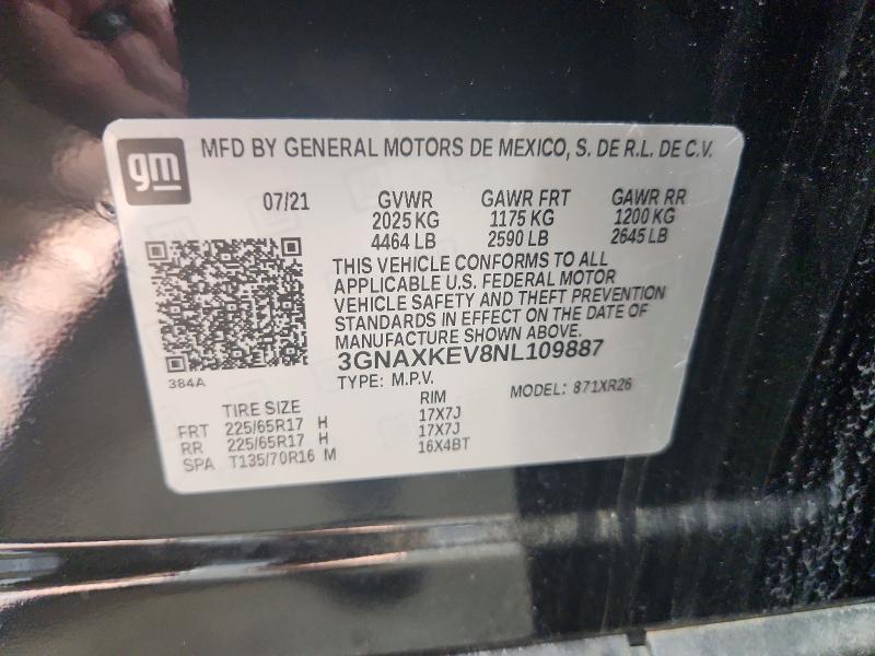 Aukcja sprzedaży 2022 Chevrolet Equinox, vin: 3GNAXKEV8NL109887, numer aukcji: 85621375
