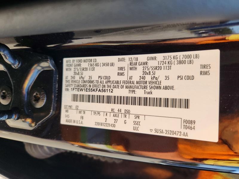 2019 Ford F150 მანქანა იყიდება აუქციონზე, vin: 1FTEW1E55KFA56112, აუქციონის ნომერი: 60712986
