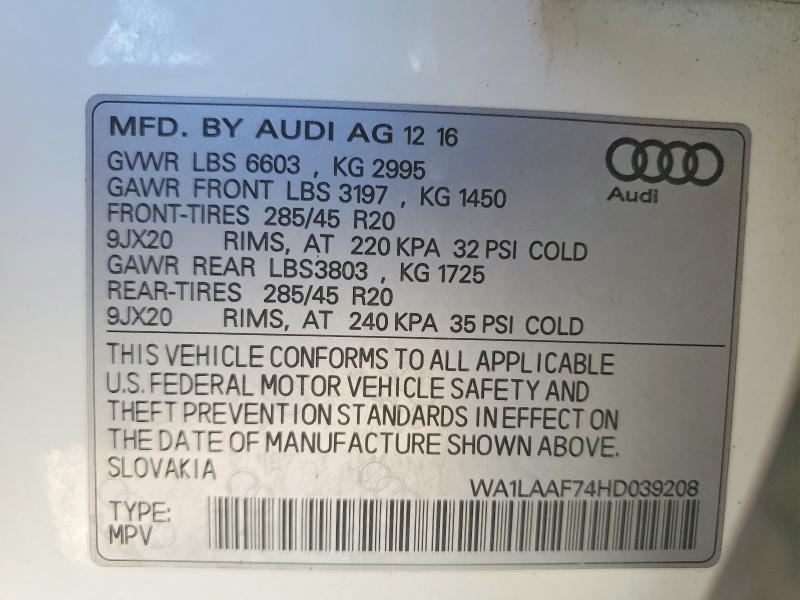 2017 Audi Q7 მანქანა იყიდება აუქციონზე, vin: WA1LAAF74HD039208, აუქციონის ნომერი: 59116506