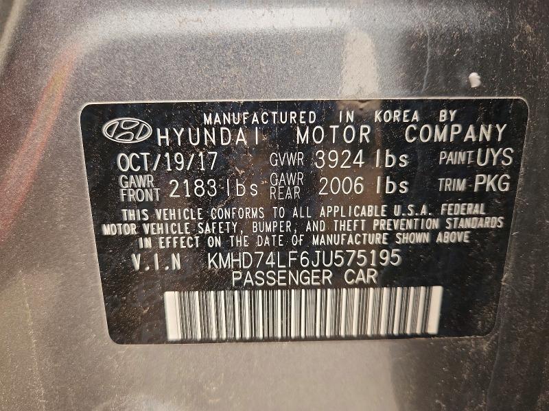 2018 Hyundai Elantra მანქანა იყიდება აუქციონზე, vin: KMHD74LF6JU575195, აუქციონის ნომერი: 61326116