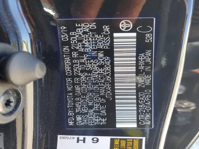 Aukcja sprzedaży 2019 Toyota Prius, vin: JTDKARFU6K3080409, numer aukcji: 61468436