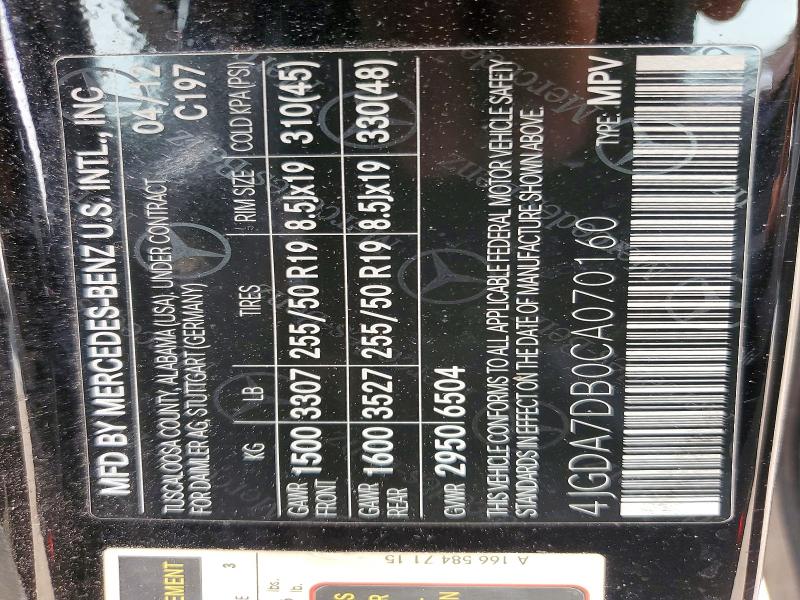 2012 Mercedes-benz Ml მანქანა იყიდება აუქციონზე, vin: 4JGDA7DB0CA070160, აუქციონის ნომერი: 59813536