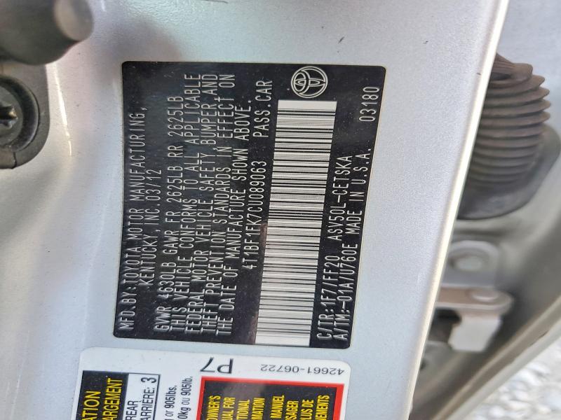 Продажа на аукционе авто 2012 Toyota Camry, vin: 4T1BF1FK7CU089063, номер лота: 59696116