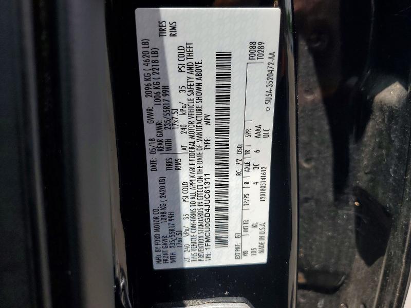 63041636 :رقم المزاد ، 1FMCU0GD4JUC61311 vin ، 2018 Ford Escape مزاد بيع