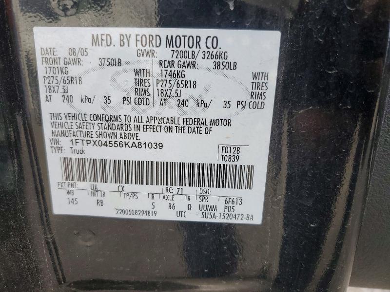 2006 Ford F150 მანქანა იყიდება აუქციონზე, vin: 1FTPX04556KA81039, აუქციონის ნომერი: 59021686