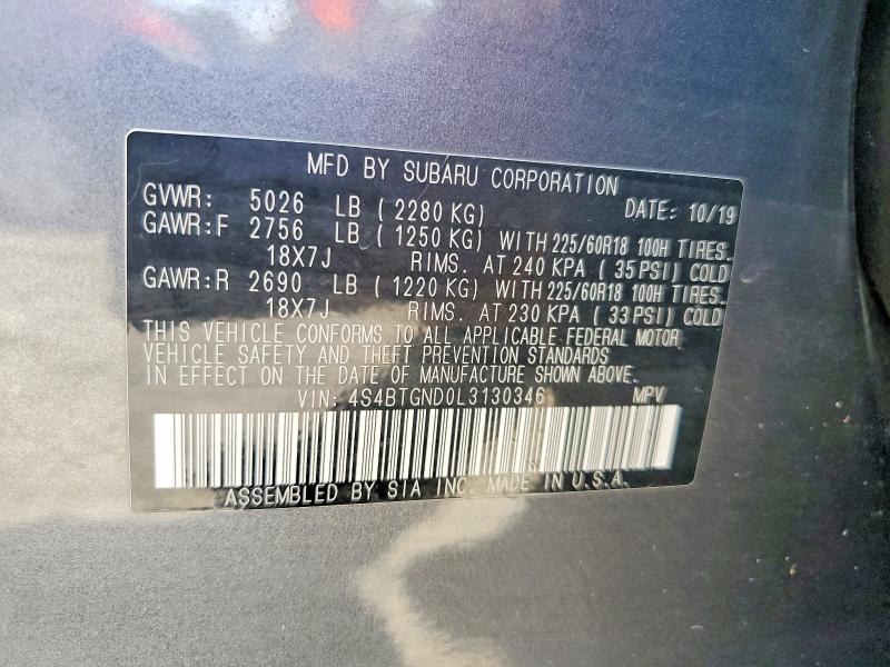 61933276 :رقم المزاد ، 4S4BTGND0L3130346 vin ، 2020 Subaru Outback مزاد بيع
