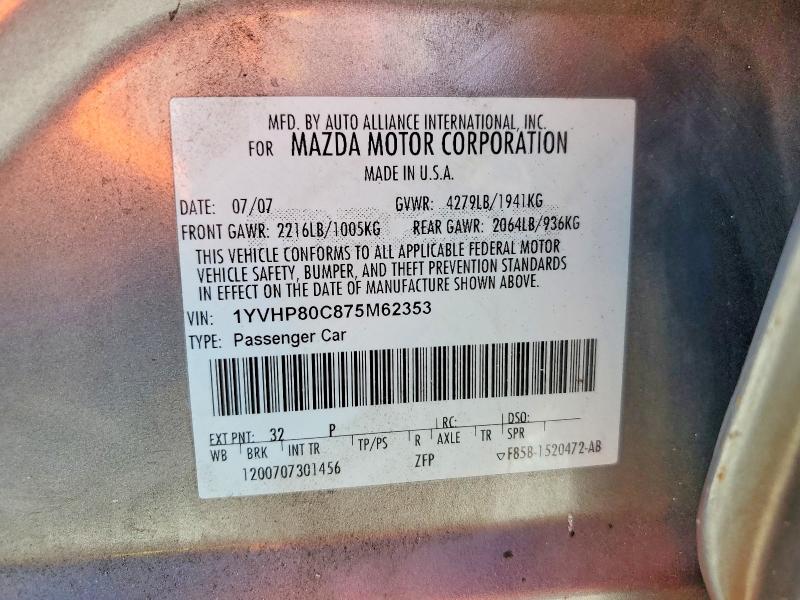 Aukcja sprzedaży 2007 Mazda 6, vin: 1YVHP80C875M62353, numer aukcji: 85992035
