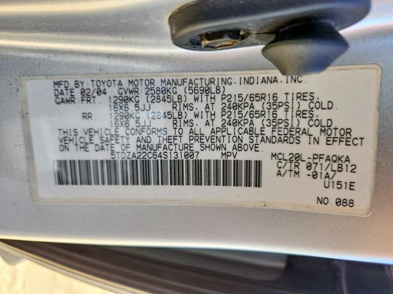 2004 Toyota Sienna მანქანა იყიდება აუქციონზე, vin: 5TDZA22C64S131007, აუქციონის ნომერი: 62910086