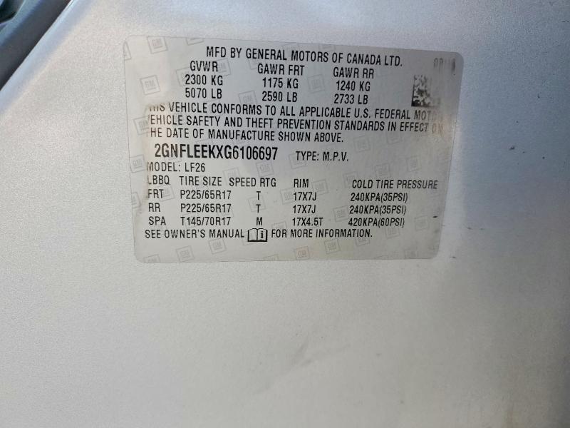 61400366 :رقم المزاد ، 2GNFLEEKXG6106697 vin ، 2016 Chevrolet Equinox مزاد بيع