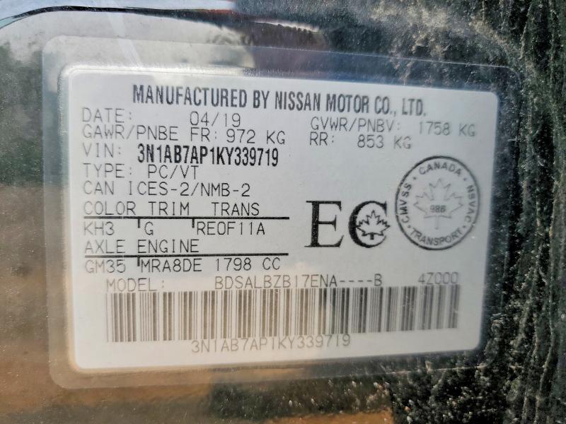 61161706 :رقم المزاد ، 3N1AB7AP1KY339719 vin ، 2019 Nissan Sentra مزاد بيع