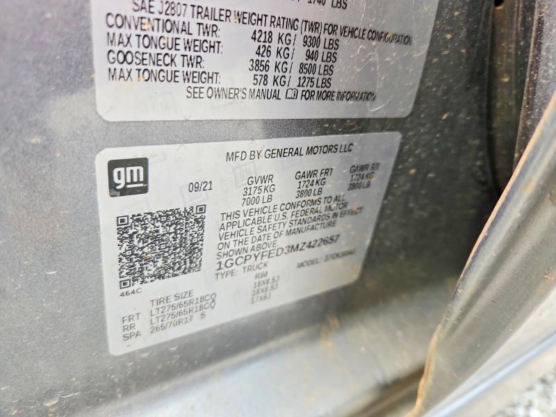 62791796 :رقم المزاد ، 1GCPYFED3MZ422657 vin ، 2021 Chevrolet Silverado مزاد بيع