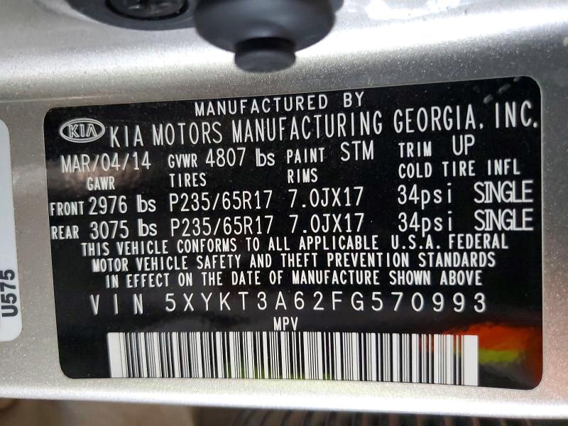 2015 Kia Sorento მანქანა იყიდება აუქციონზე, vin: 5XYKT3A62FG570993, აუქციონის ნომერი: 60625086