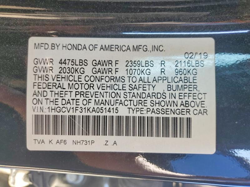 Продажа на аукционе авто 2019 Honda Accord, vin: 1HGCV1F31KA051415, номер лота: 51925226