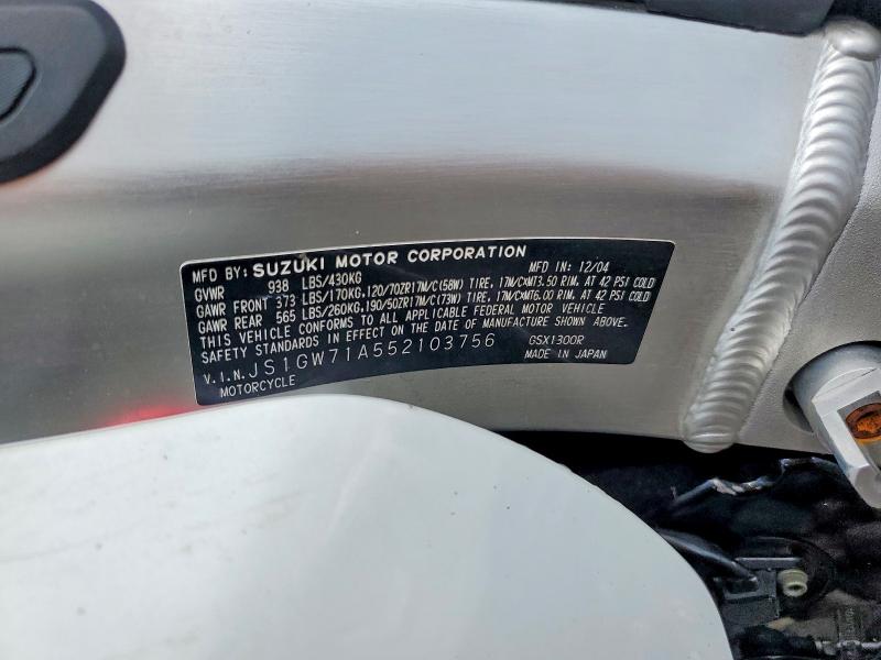 2005 Suzuki Gsx1300 მანქანა იყიდება აუქციონზე, vin: JS1GW71A552103756, აუქციონის ნომერი: 61578236