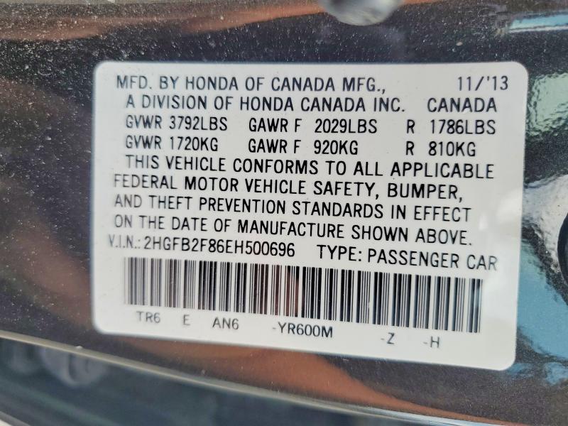 Aukcja sprzedaży 2014 Honda Civic, vin: 2HGFB2F86EH500696, numer aukcji: 62531026