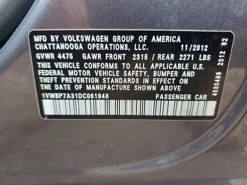 2013 Volkswagen Passat მანქანა იყიდება აუქციონზე, vin: 1VWBP7A31DC061848, აუქციონის ნომერი: 60166756