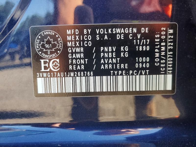 Auction sale of the 2018 Volkswagen Golf, vin: 3VWG17AU1JM268766, lot number: 60510116