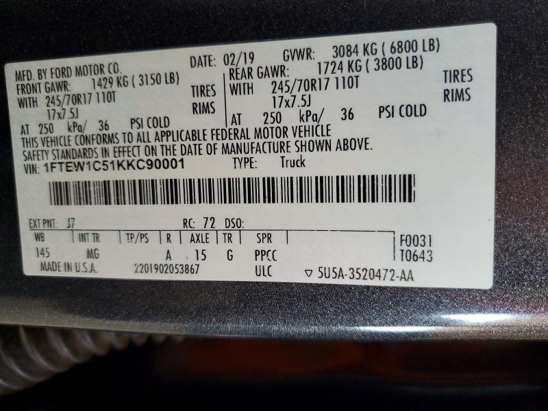 2019 Ford F150 მანქანა იყიდება აუქციონზე, vin: 1FTEW1C51KKC90001, აუქციონის ნომერი: 62573436