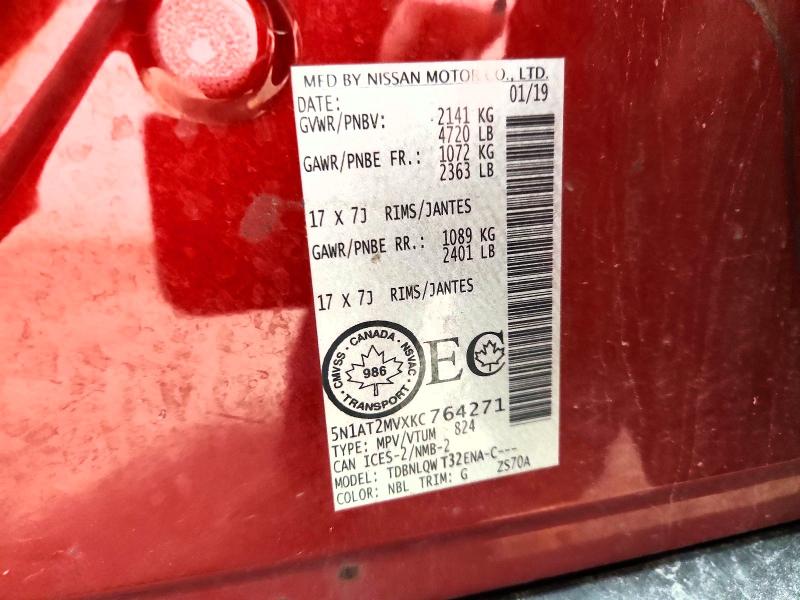 2019 Nissan Rogue მანქანა იყიდება აუქციონზე, vin: 5N1AT2MVXKC764271, აუქციონის ნომერი: 60439566