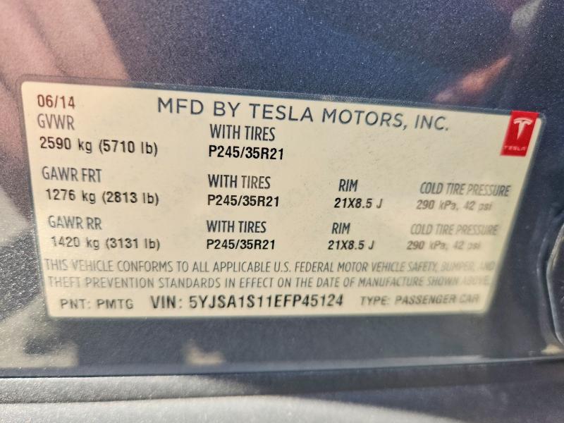 2014 Tesla Model S მანქანა იყიდება აუქციონზე, vin: 5YJSA1S11EFP45124, აუქციონის ნომერი: 62502676